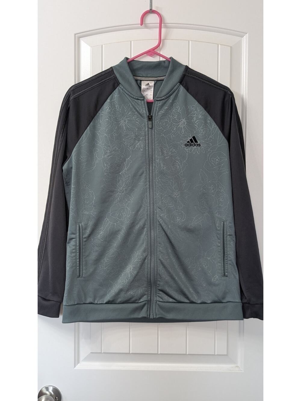adidas Women's Full Zip Track Jacket Gray/Black Floral Print Knit Size L